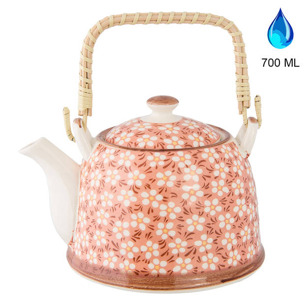 HAES DECO - Chinese Theepot - Porselein - Wit, Rode Bloemen - Theepot 700 ml - Traditioneel Theeservies, Theekan