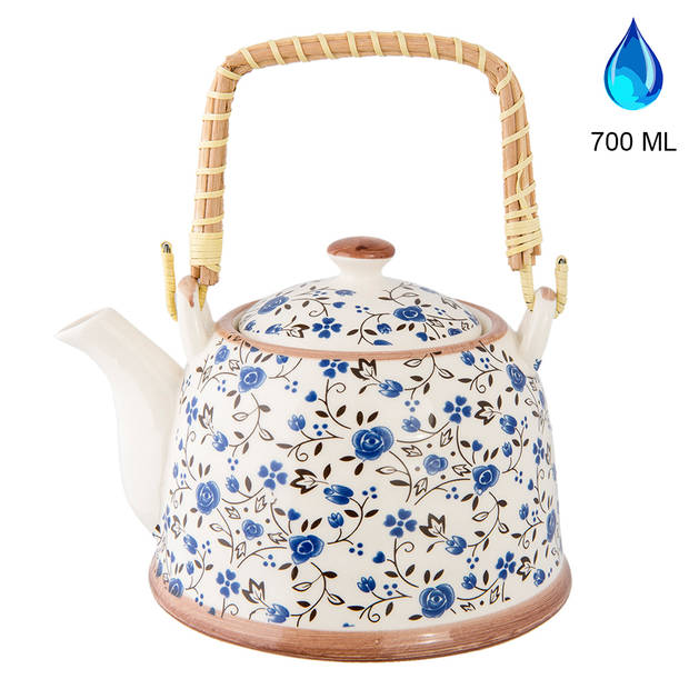 HAES DECO - Chinese Theepot - Porselein - Kleine Blauwe Bloemen - Theepot 700 ml - Traditioneel Theeservies, Theekan