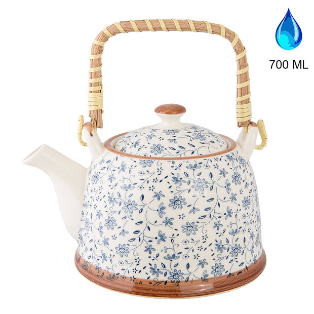 HAES DECO - Chinese Thee set - Theepot met 6 kleine kopjes - Porselein - Kleine Blauwe Bloemen