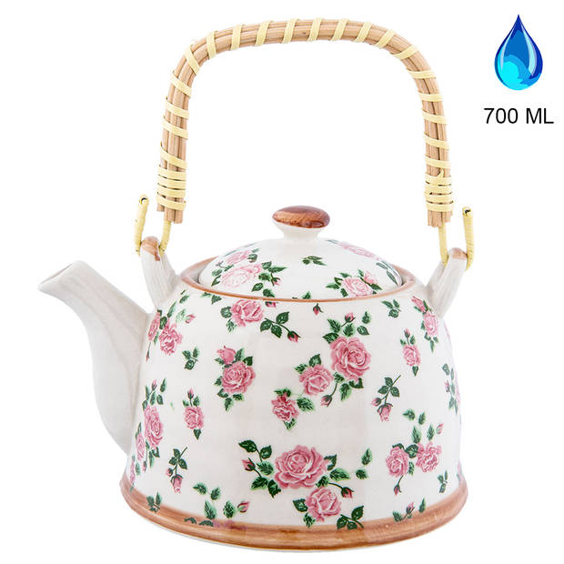 HAES DECO - Chinese Theepot - Porselein - Roze Rozen - Theepot 700 ml - Traditioneel Theeservies, Theekan