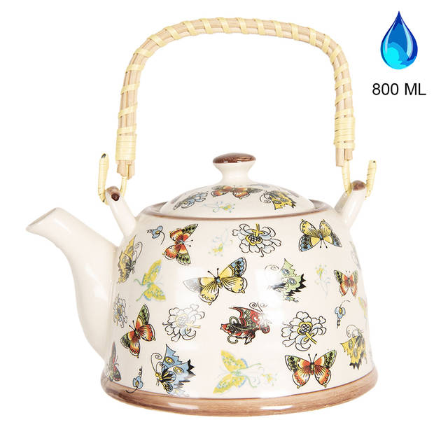 HAES DECO - Chinese Theepot - Porselein - Vlinders en Bloemen - Theepot 800 ml - Traditioneel Theeservies, Theekan