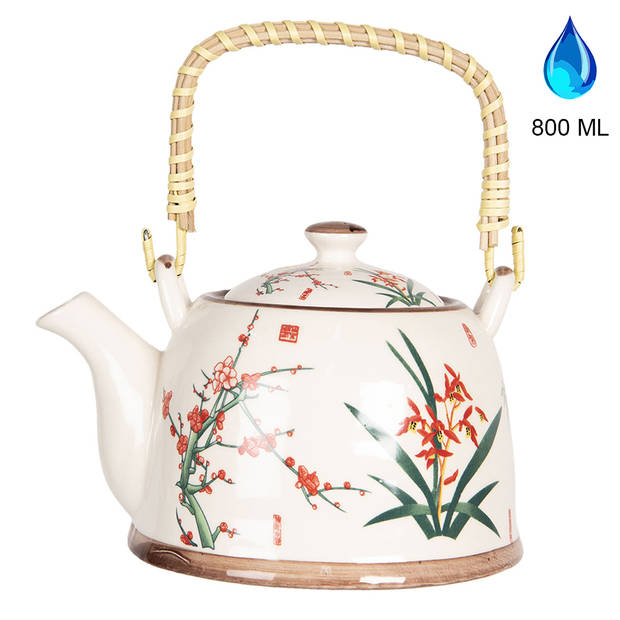 HAES DECO - Chinese Theepot - Porselein - Elegante Planten - Theepot 800 ml - Traditioneel Theeservies, Theekan