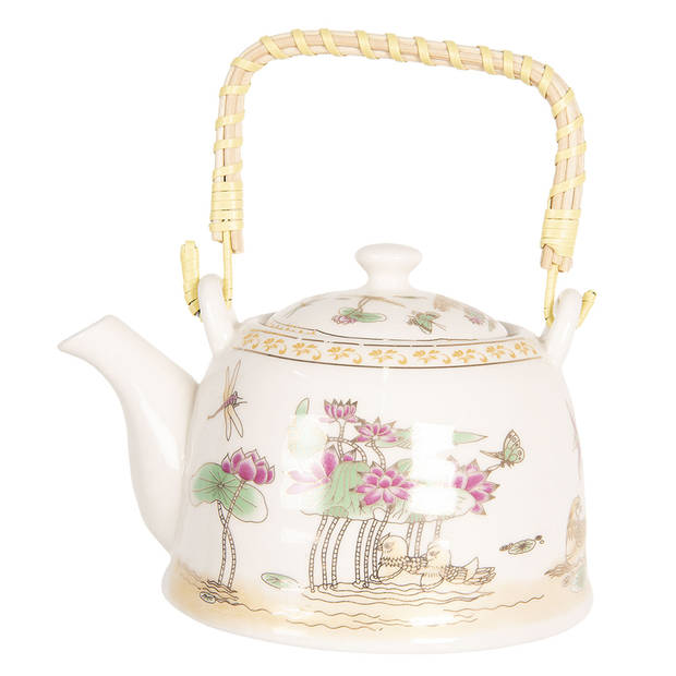 HAES DECO - Chinese Theepot - Porselein - Roze Vijverbloemen - Theepot 800 ml - Traditioneel Theeservies, Theekan