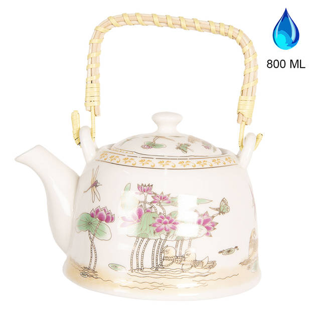 HAES DECO - Chinese Theepot - Porselein - Roze Vijverbloemen - Theepot 800 ml - Traditioneel Theeservies, Theekan