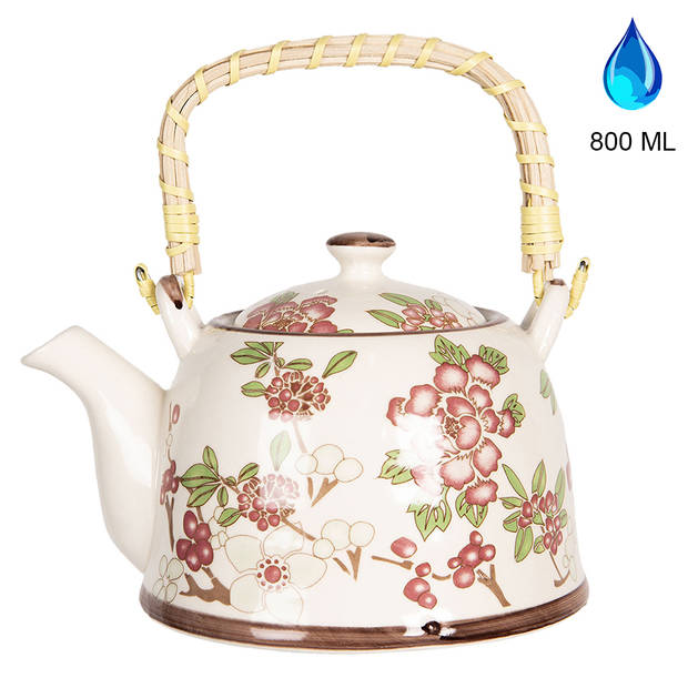 HAES DECO - Chinese Theepot - Porselein - Roze Bloemen - Theepot 800 ml - Traditioneel Theeservies, Theekan