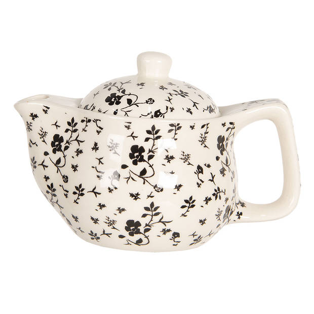 HAES DECO - Chinese Theepot - Porselein - Zwarte Bloemen - Theepot 400 ml - Traditioneel Theeservies, Theekan