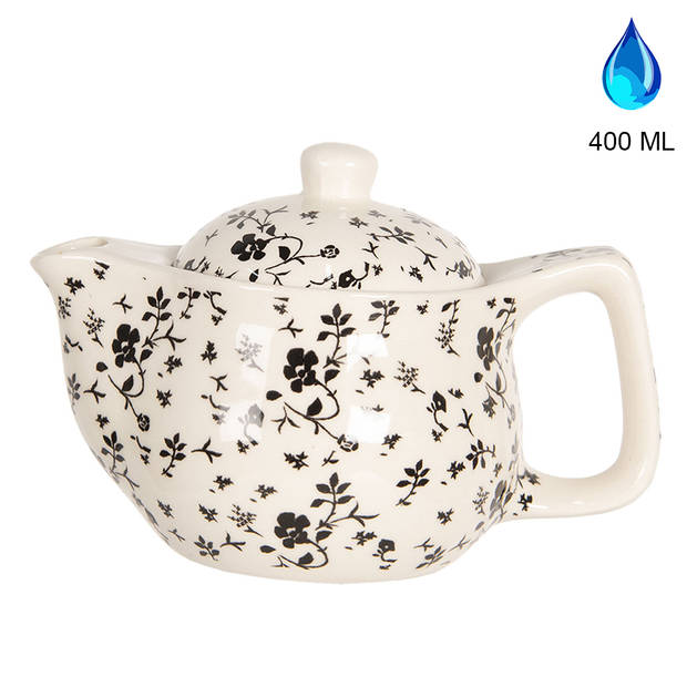 HAES DECO - Chinese Theepot - Porselein - Zwarte Bloemen - Theepot 400 ml - Traditioneel Theeservies, Theekan