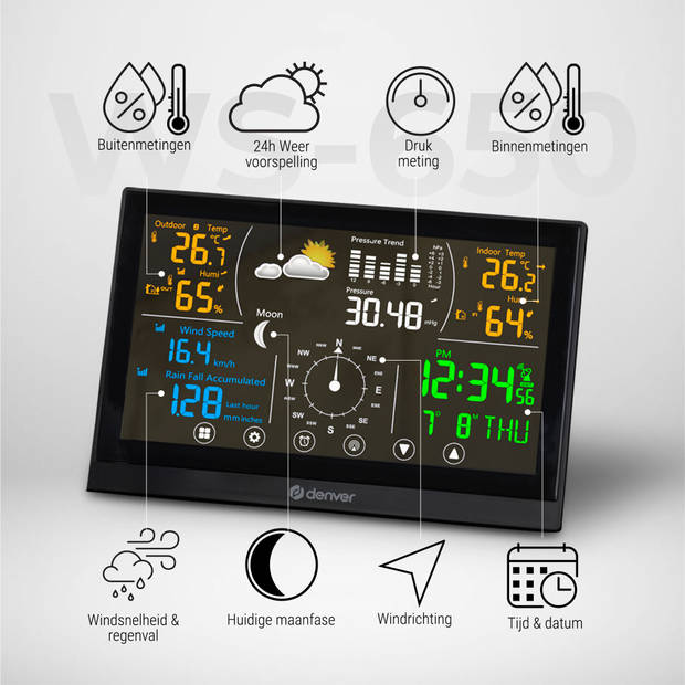 Denver Weerstation Binnen en Buiten - 8 in 1 - Draadloze Buitensensor - Weersvoorspelling - Wind & Regen - WS650