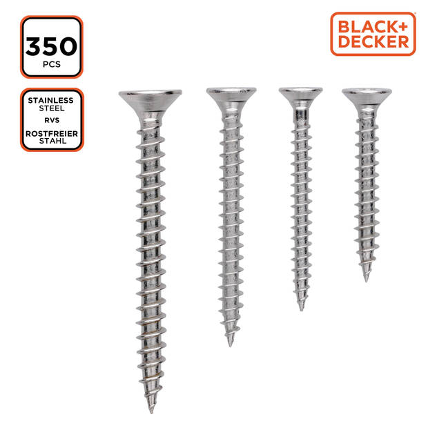 BLACK+DECKER Spaanplaatschroeven - Schroevenset 350 Stuks - Roestvrij Staal - Zilver