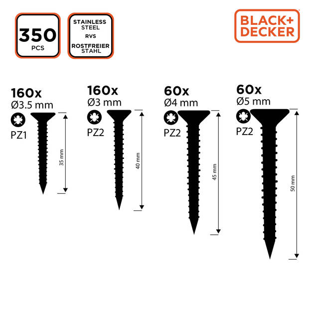 BLACK+DECKER Spaanplaatschroeven - Schroevenset 350 Stuks - Roestvrij Staal - Zilver