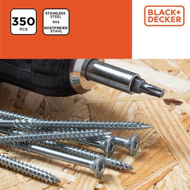 BLACK+DECKER Spaanplaatschroeven - Schroevenset 350 Stuks - Roestvrij Staal - Zilver