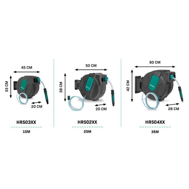 VONROC Automatische slanghaspel – Incl. 15m tuinslang, aansluitslang, spuitstuk, koppelingen & kraanaansluiting