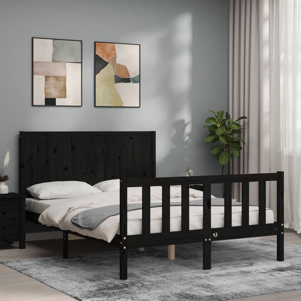 vidaXL Bedframe met hoofdbord massief hout zwart 140x190 cm