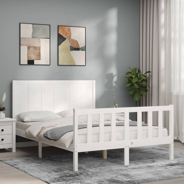 vidaXL Bedframe met hoofdbord massief hout wit 140x190 cm