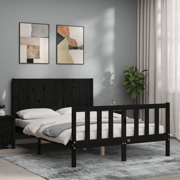 vidaXL Bedframe met hoofdbord massief hout zwart 140x200 cm