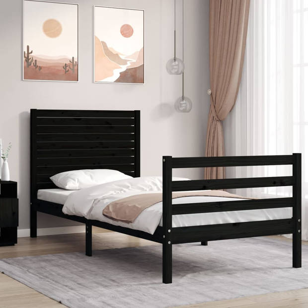 vidaXL Bedframe met hoofdbord massief hout zwart 90x200 cm