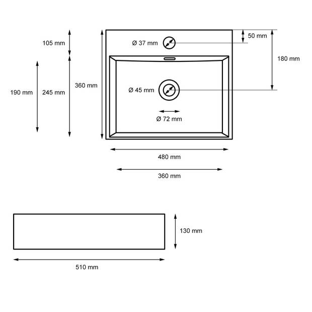 ML-Design wastafel zwart mat, 600x365x130 mm, rechthoekig, keramiek