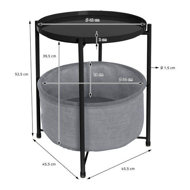 Bijzettafel Rond 45,5x52,5 cm Zwart van metaal incl. stoffen mand en dienblad ML-Design