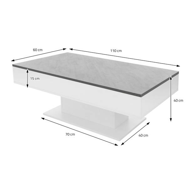 Salontafel 110x60x40 cm wit/betonlook incl. 2 opbergvakken onder verschuifbaar blad ML-Design