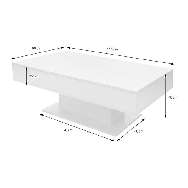 Salontafel 110x60x40 cm Wit incl. 2 opbergvakken onder verschuifbaar blad ML-Design