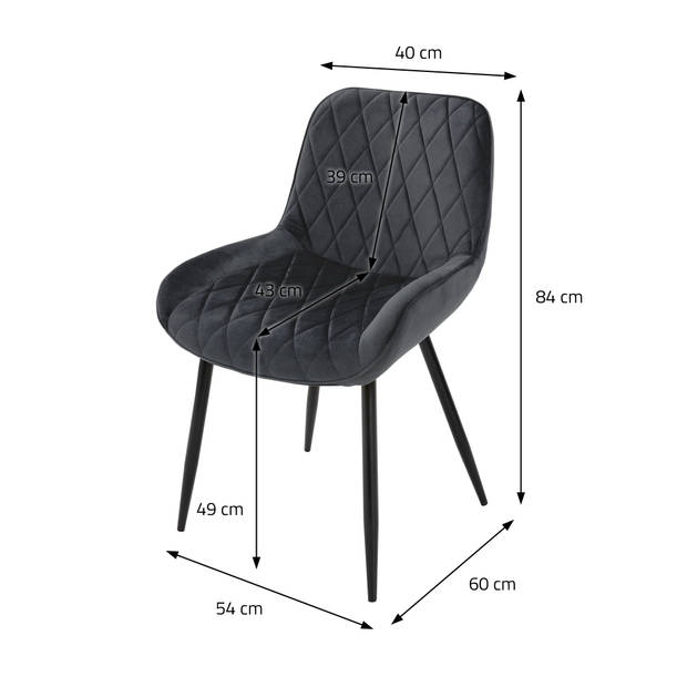 Eetkamerstoel set van 2 in antraciet fluweel en staal incl. rugleuning en armleuningen ML-Design