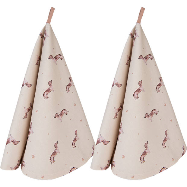 HAES DECO - Set van 2 Theedoeken rond - Ø 80 cm - 100% Katoen - Dachshund Love