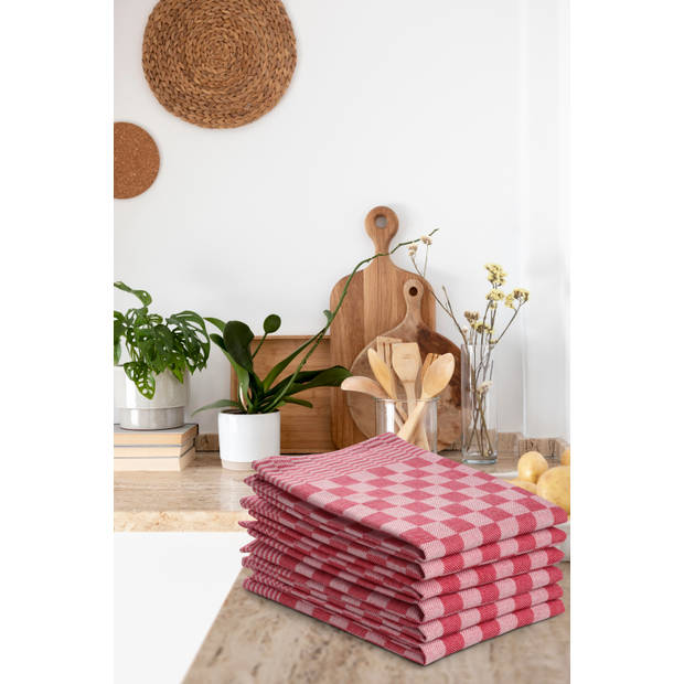 Luxe theedoeken set - 6 stuks - 50x70 - blokpatroon - geblokt - horeca ruit - rood