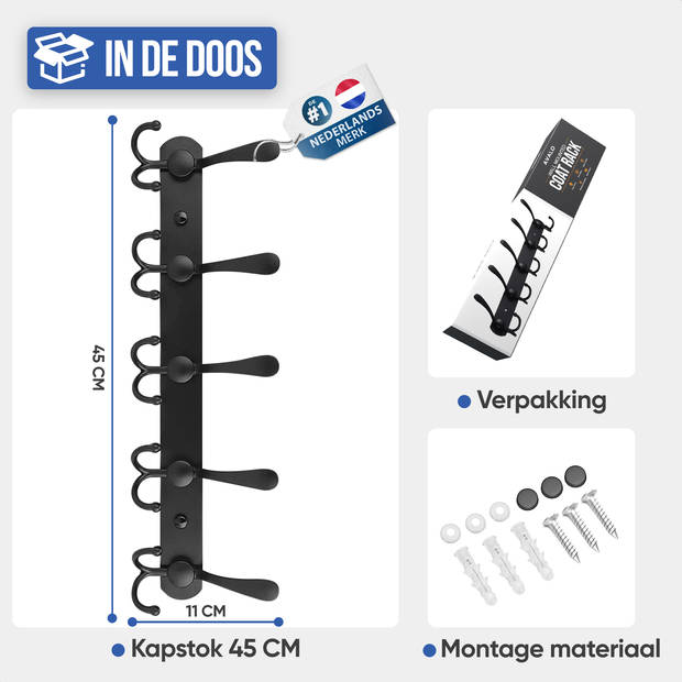 Avalo Kapstok Wandkapstok Zwart – Garderoberek met Kapstok haken – Ophanghaak Jassenhangers