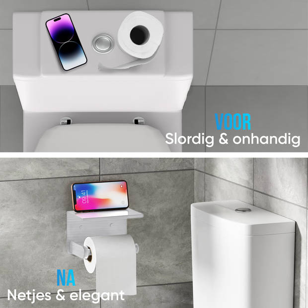 Avalo WC Rolhouder met Plankje - Zilver - Zelfklevend / Boren / Zonder Boren - Toiletrolhouder - WC Papier Houder