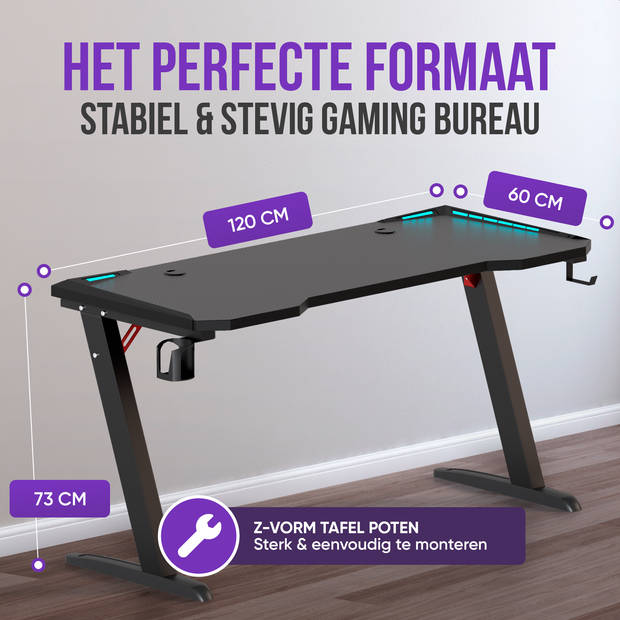 Avalo Gaming Bureau - 120x60x73 CM - Game Desk Met LED Verlichting - Tafel - Zwart