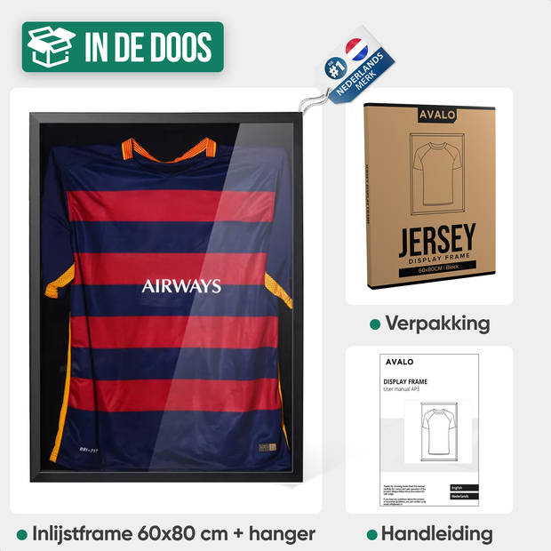 Avalo Wissellijst - Inlijsten Voetbal Shirt - 3D Box Frame - 60x80 CM - Zwart - Diepe lijst - Shirt Inlijsten In