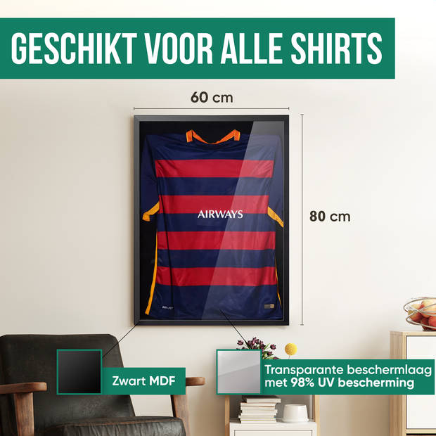 Avalo Wissellijst - Inlijsten Voetbal Shirt - 3D Box Frame - 60x80 CM - Zwart - Diepe lijst - Shirt Inlijsten In