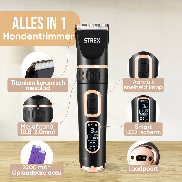 Strex Hondentondeuse / Dieren Tondeuse Extra Stil - Draadloos - 5 Standen - Hondentrimmer Voor Alle Vachten - Ook Voor