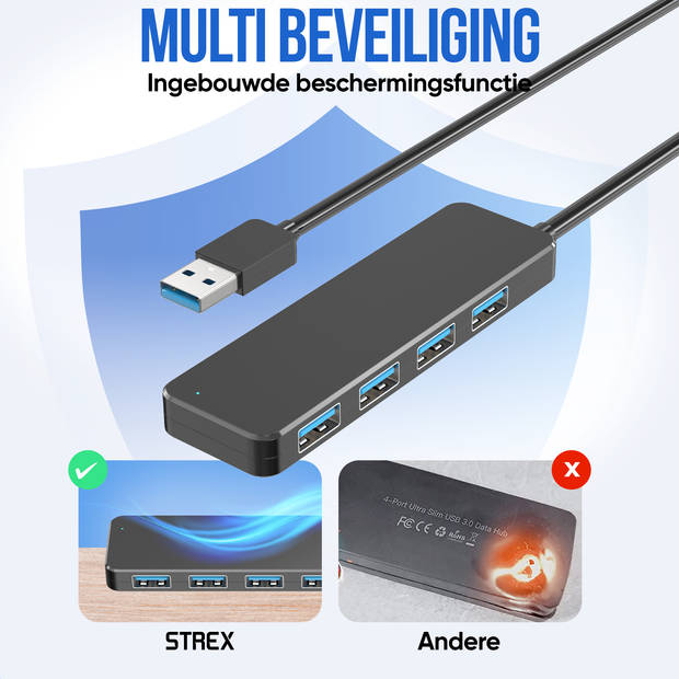 Strex USB 3.0 Hub - USB Splitter - 4 Poorten - 5Gbps - 35CM Kabel - Inclusief USB C Adapter