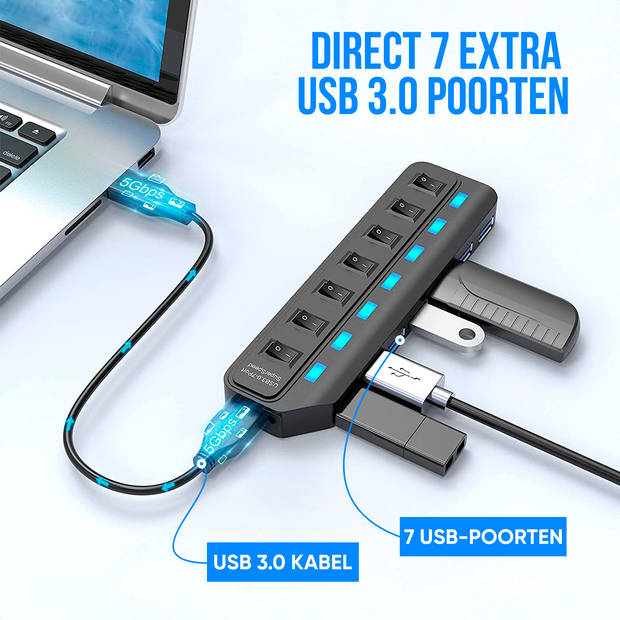 Strex USB 3.0 Hub - USB Splitter - 7 Poorten - 5Gbps - LED Indicatie - Aan/Uit Switch - 100CM Kabel