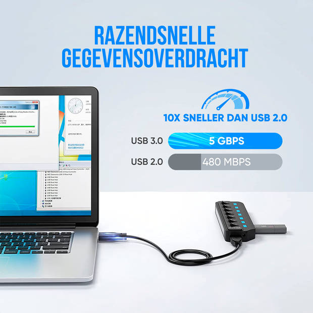 Strex USB 3.0 Hub - USB Splitter - 7 Poorten - 5Gbps - LED Indicatie - Aan/Uit Switch - 100CM Kabel