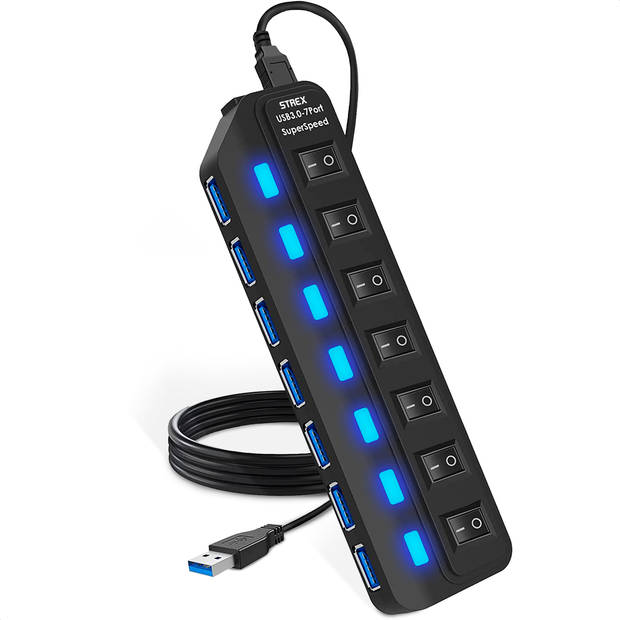 Strex USB 3.0 Hub - USB Splitter - 7 Poorten - 5Gbps - LED Indicatie - Aan/Uit Switch - 100CM Kabel