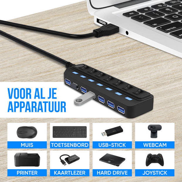 Strex USB 3.0 Hub - USB Splitter - 7 Poorten - 5Gbps - LED Indicatie - Aan/Uit Switch - 100CM Kabel