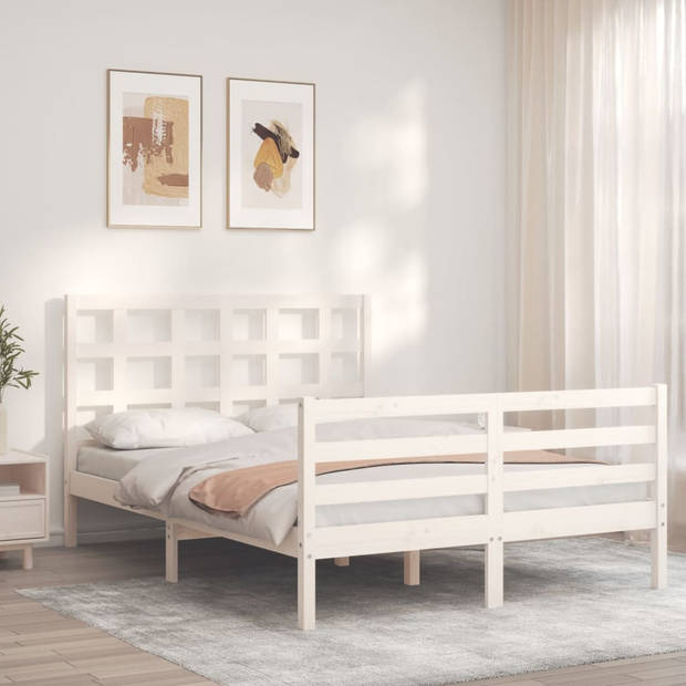 vidaXL Bedframe met hoofdbord massief hout wit 140x200 cm