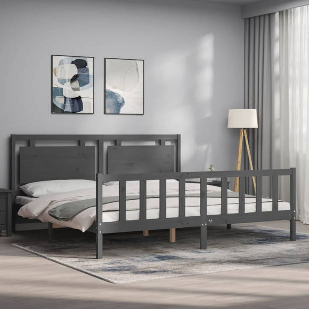 vidaXL Bedframe met hoofdbord massief hout grijs 200x200 cm