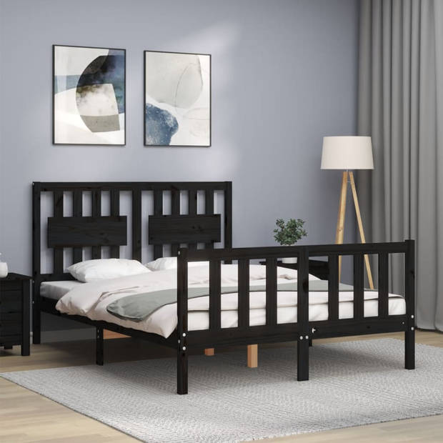 vidaXL Bedframe met hoofdbord massief hout zwart 140x190 cm