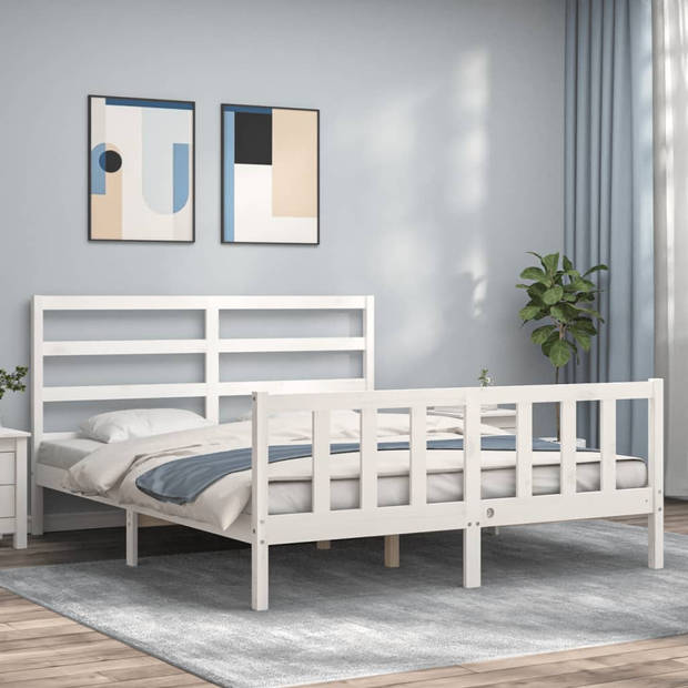 vidaXL Bedframe met hoofdbord massief hout wit 160x200 cm