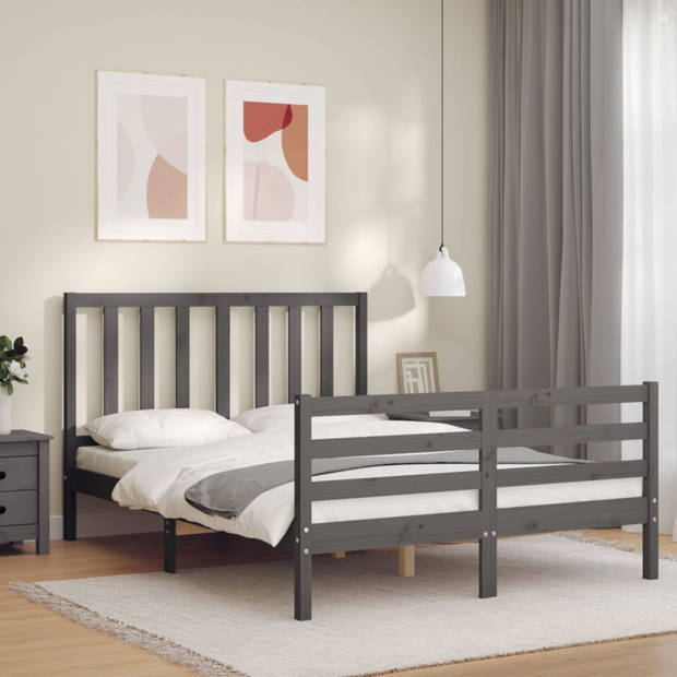 vidaXL Bedframe met hoofdbord massief hout grijs 140x190 cm