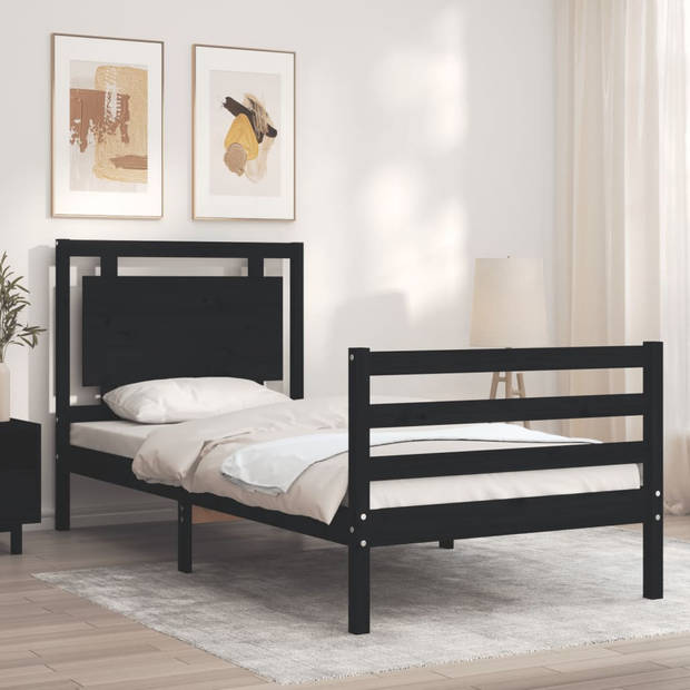 vidaXL Bedframe met hoofdbord massief hout zwart 90x200 cm