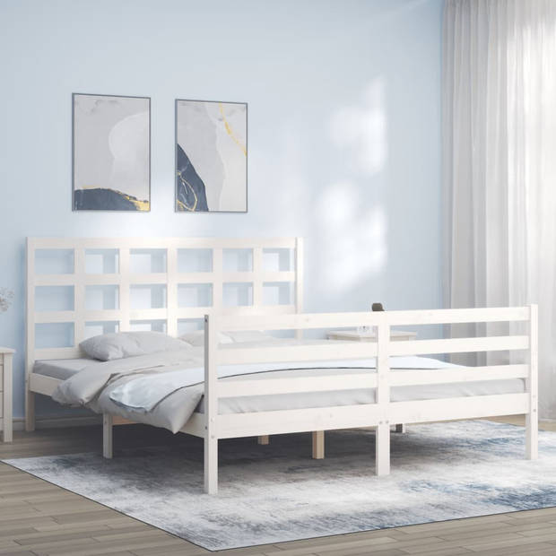 vidaXL Bedframe met hoofdbord massief hout wit 160x200 cm