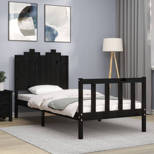 vidaXL Bedframe met hoofdeinde massief hout zwart 90x190 cm