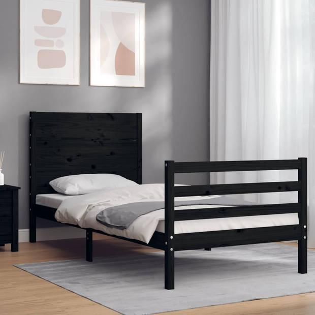 vidaXL Bedframe met hoofdbord massief hout zwart 90x200 cm