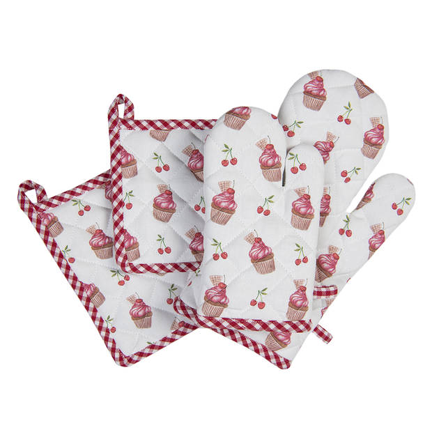 HAES DECO - Set van 2 Ovenwanten voor een Kind - 12x21 cm - 100% Katoen - Cherry Cupcake