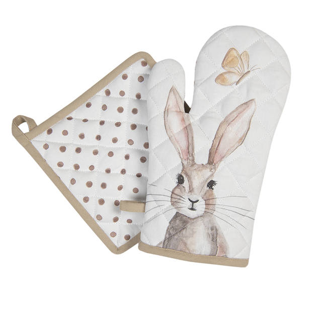 HAES DECO - Set van 2 Ovenwanten - 18x30 cm - 100% Katoen - Rustic Easter Bunny