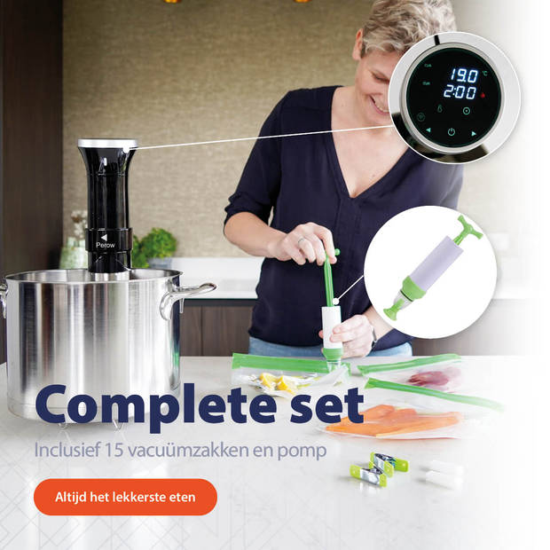 Perow Sous Vide Stick – Inclusief Wi-Fi en App – Inclusief Vacuum set - Slow Cooker – Smart Slowcooker - Zwart/RVS